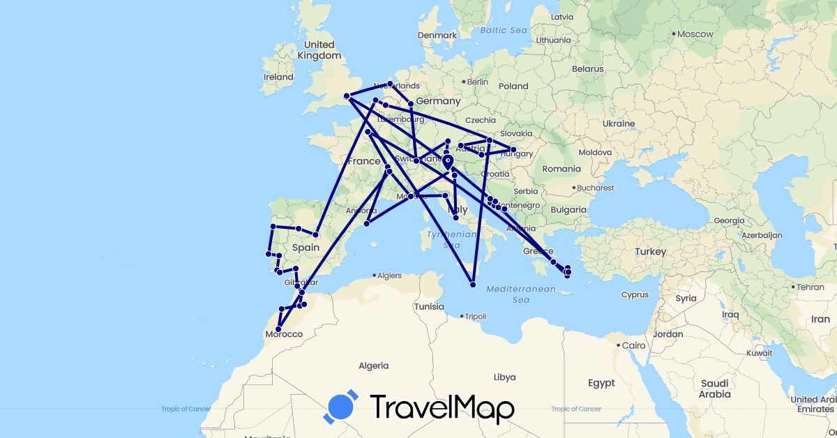 TravelMap itinerary: driving in Austria, Belgium, Switzerland, Germany, Spain, France, United Kingdom, Greece, Croatia, Hungary, Italy, Morocco, Monaco, Malta, Netherlands, Portugal (Africa, Europe)